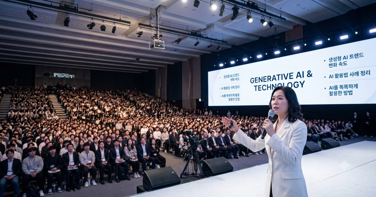 대강의장에서 생성형 AI 교육을 강연하는 박주희 대표
